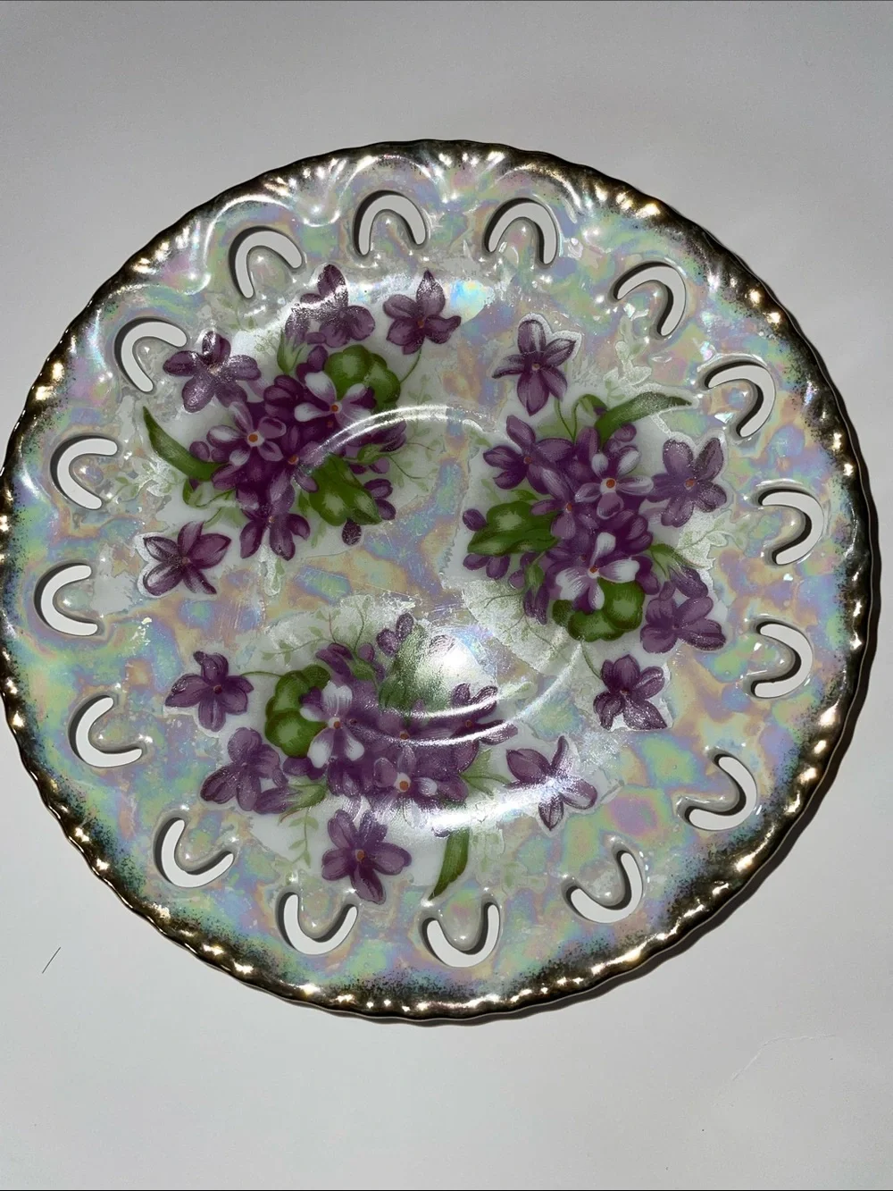 Royal Sealy Iridescent Purple lilacs Floral Decorative Reticulated Plate